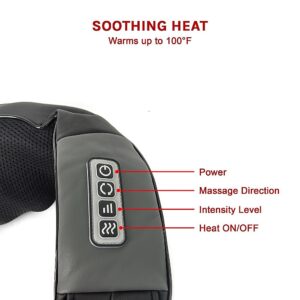 Close-up of the neck massager control panel with power, direction, intensity and heat buttons.