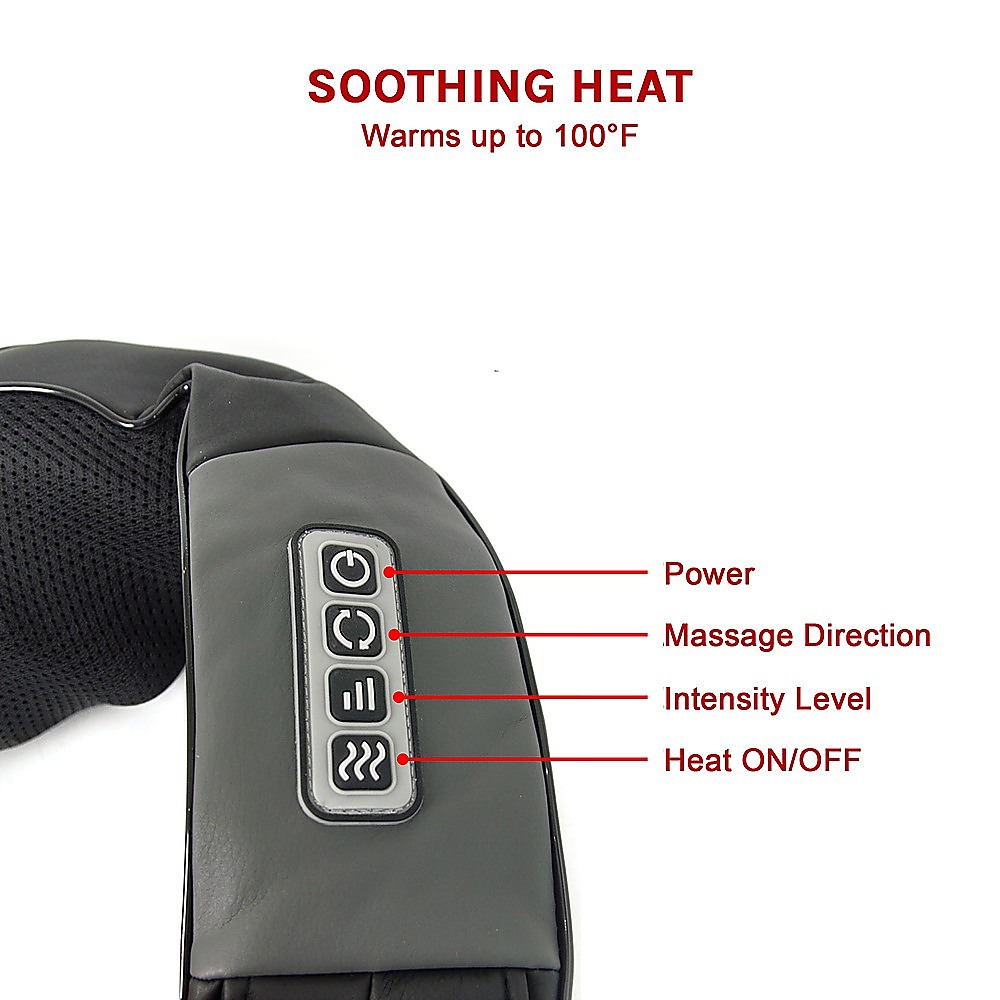 Close-up of the neck massager control panel with power, direction, intensity and heat buttons.