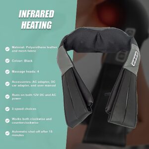Black infrared heated neck massager with four massage heads and side control buttons.