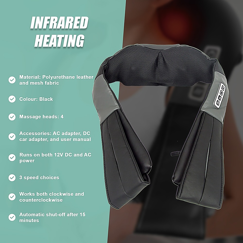 Black infrared heated neck massager with four massage heads and side control buttons.