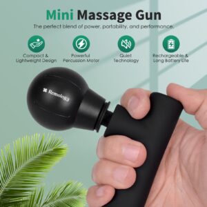 Remology mini massage gun with ball attachment and feature icons