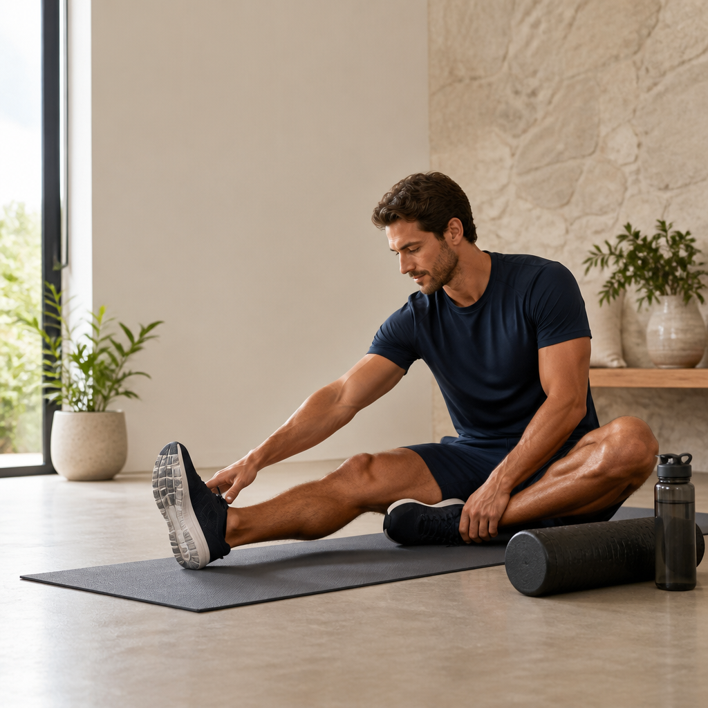 Person doing gentle stretching on a yoga mat during an active recovery day after exercise