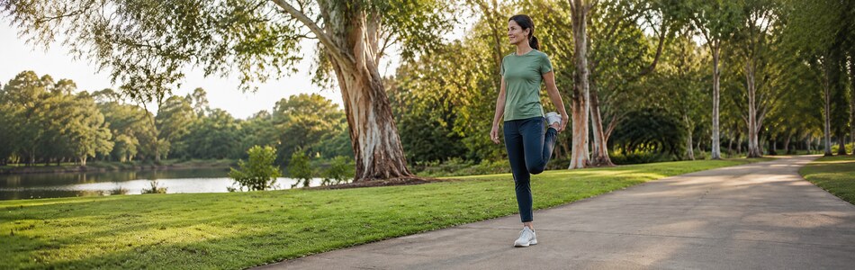 Woman warming up in an Australian park as she prepares to return to exercise after a long break