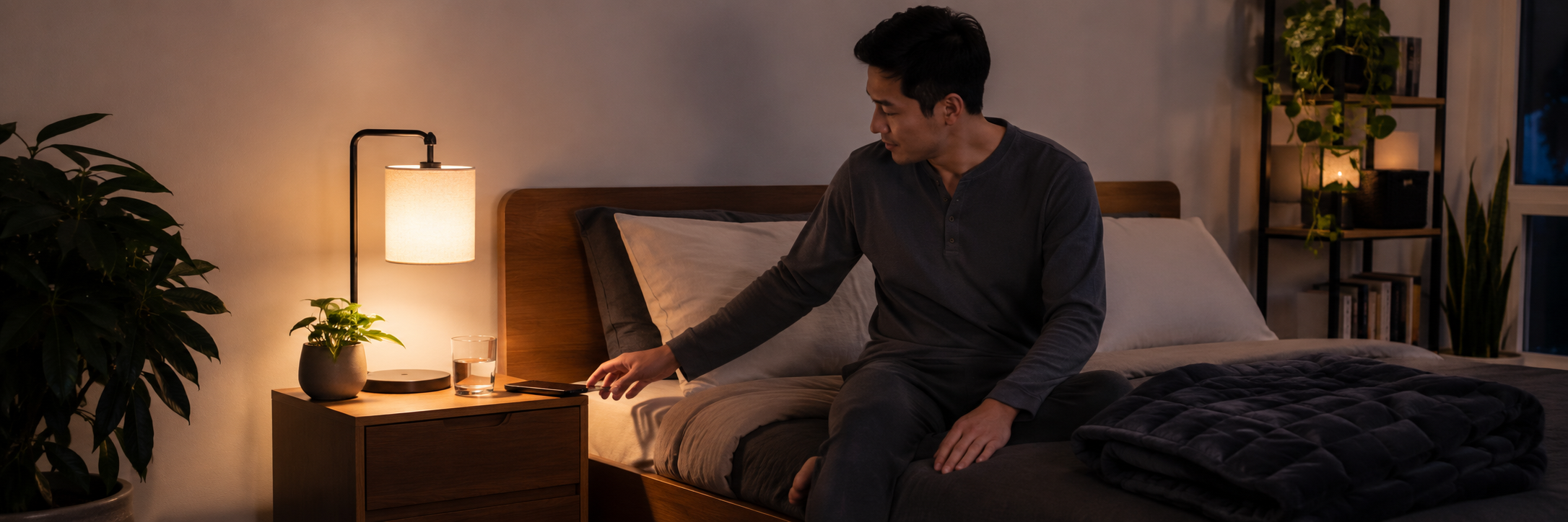 Man following a sleep hygiene routine by setting his phone aside in a calm bedroom before bed