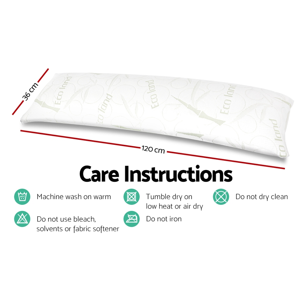 Giselle Bedding white body pillow showing 120 cm length, 36 cm width and care instructions.