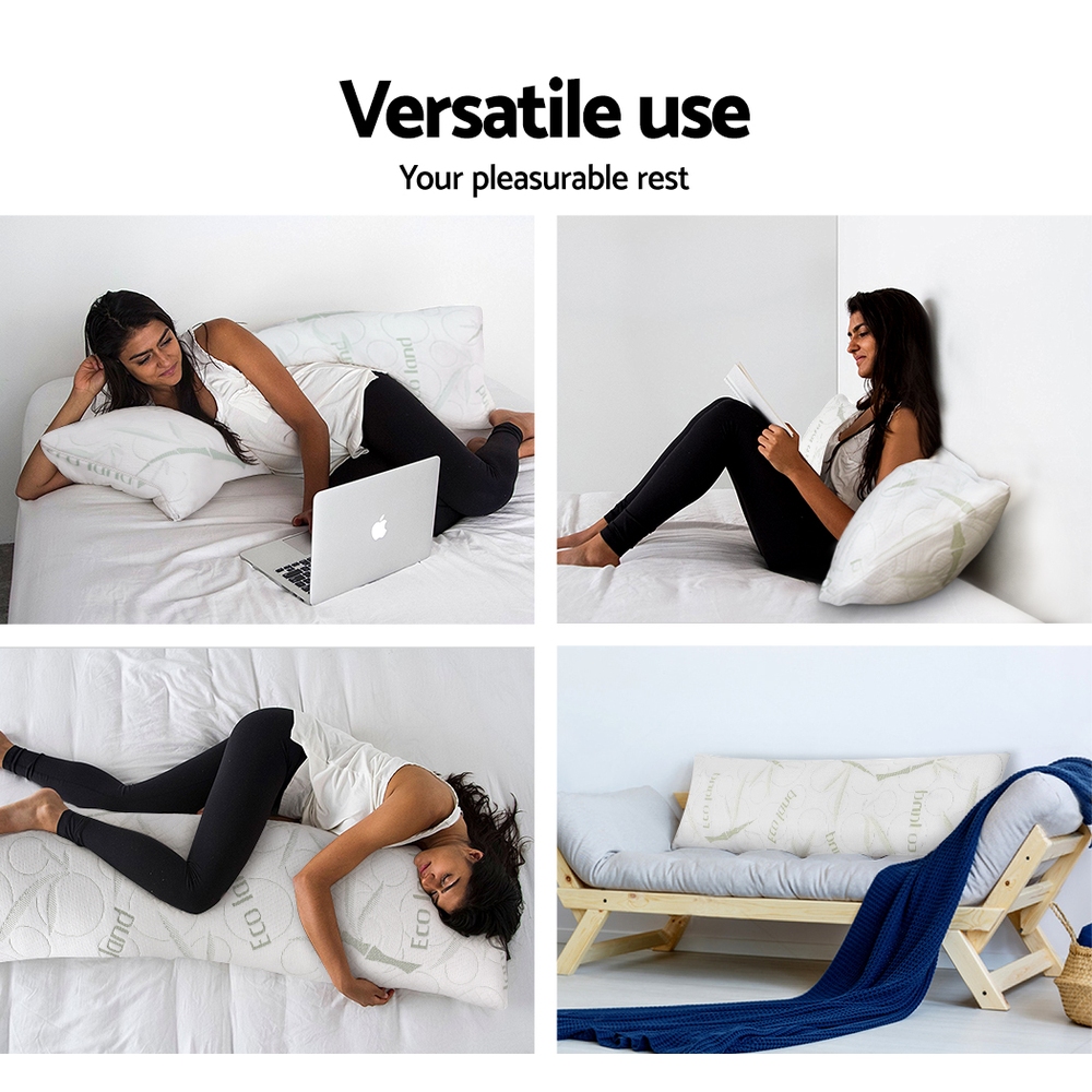 Giselle Bedding white body pillow shown for lounging, reading and sleeping in four home settings.