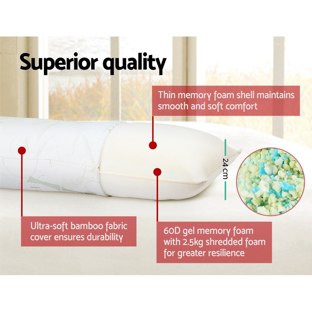 Giselle Bedding body pillow showing bamboo cover, gel memory foam and shredded foam filling details.