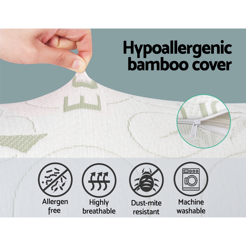 Close-up of the Giselle Bedding body pillow bamboo cover and zipper with care-feature icons.
