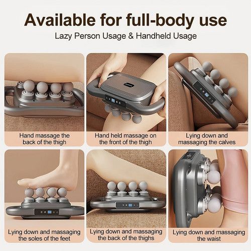 24-head massage gun shown for use on thighs, calves, feet and waist