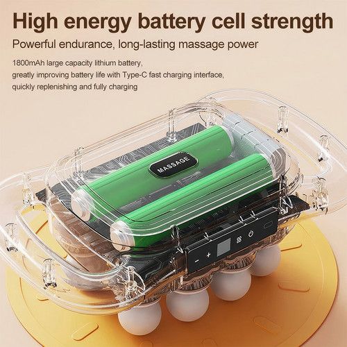 24-head massage gun showing USB-C charging port, battery and display controls