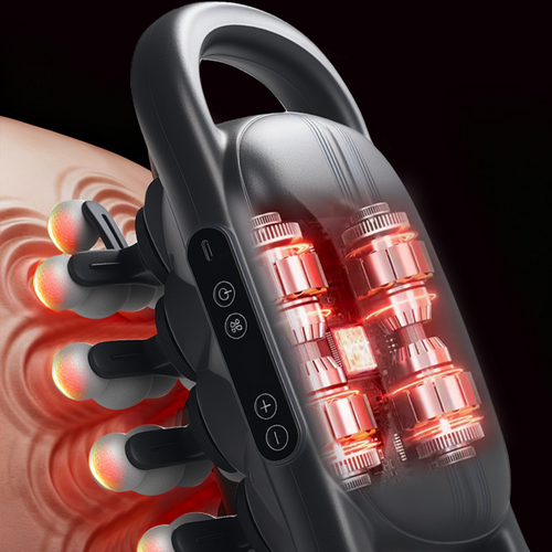 24-head massage gun with flexible massage nodes used across the upper back and shoulder
