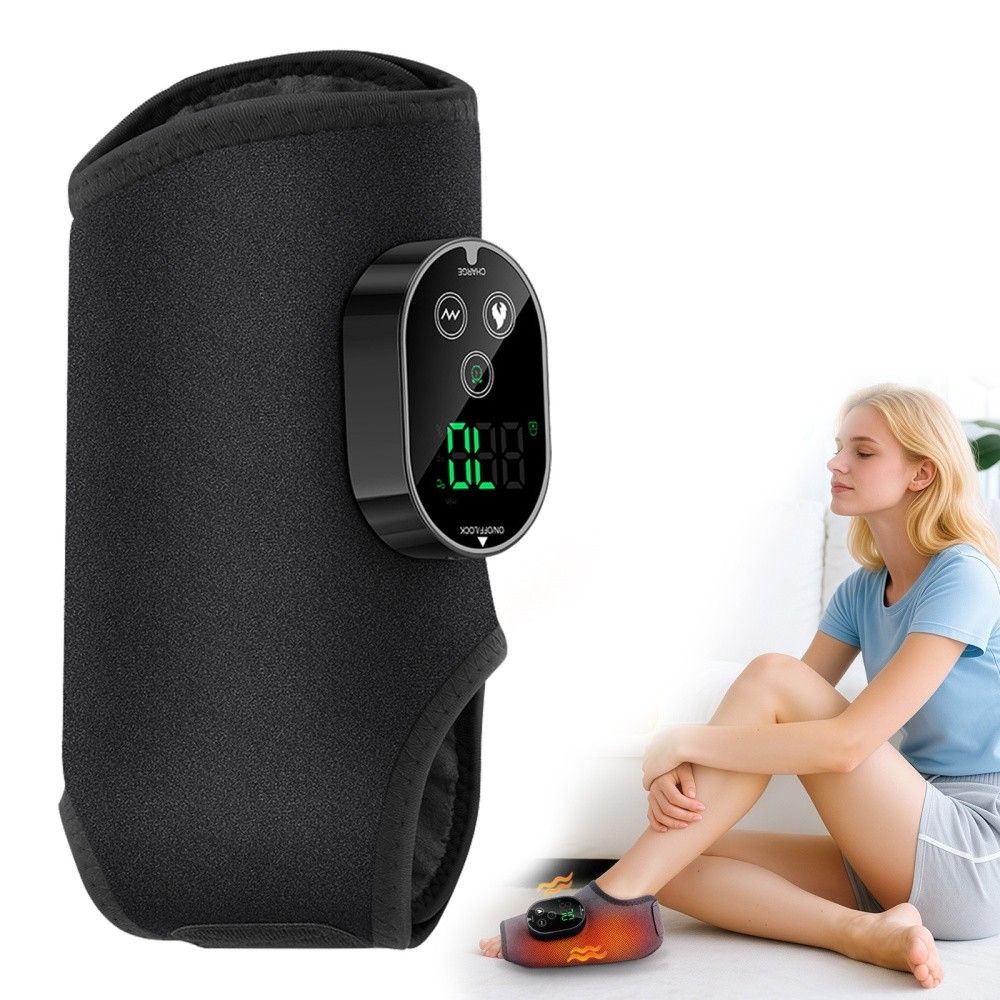 Black cordless calf massager wrap with touch controller positioned around the lower leg