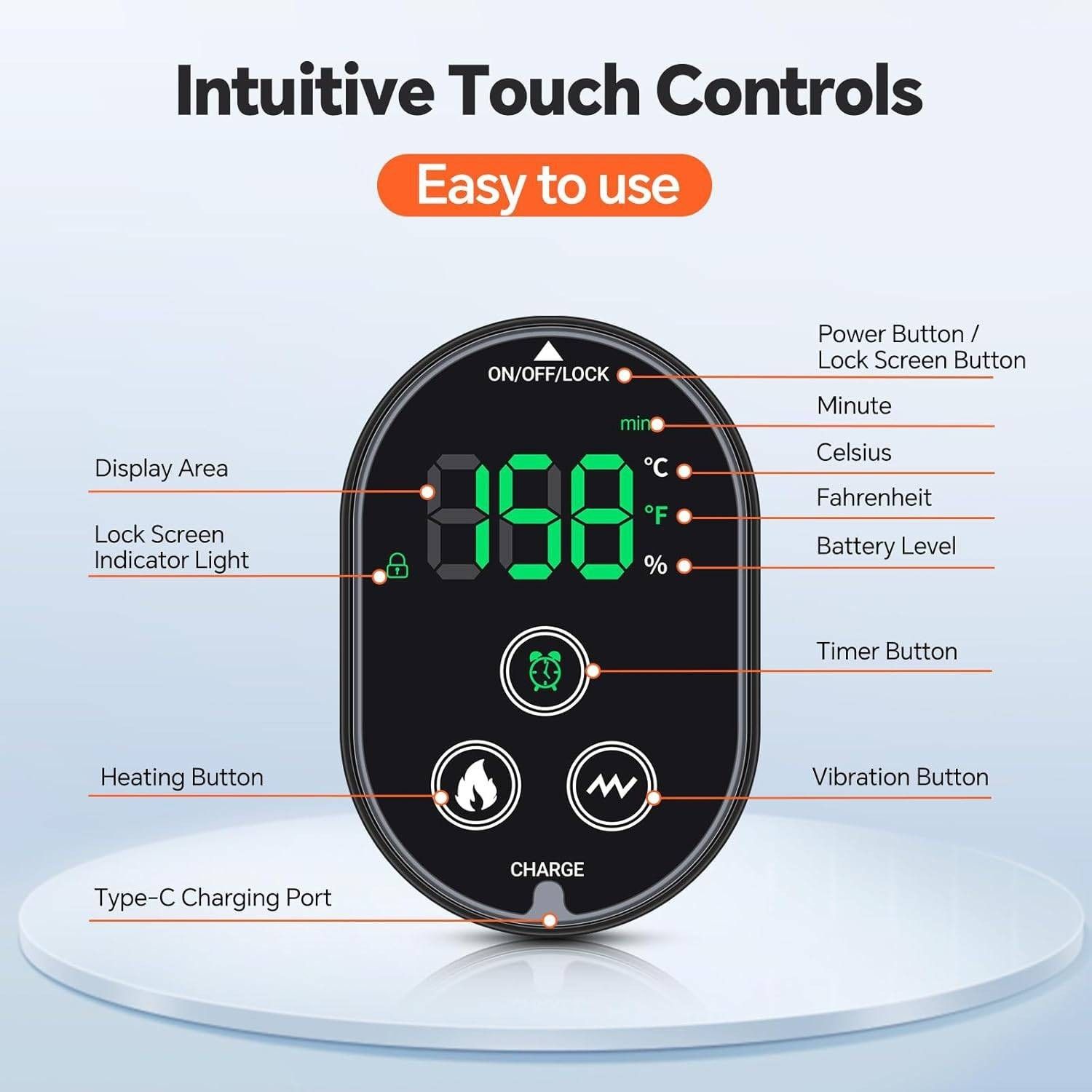 Touch controller for the cordless calf massager showing heat, vibration, timer and charging controls