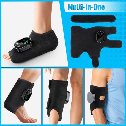 Black heat-and-vibration wrap showing adjustable placement for calf, ankle and lower-leg use