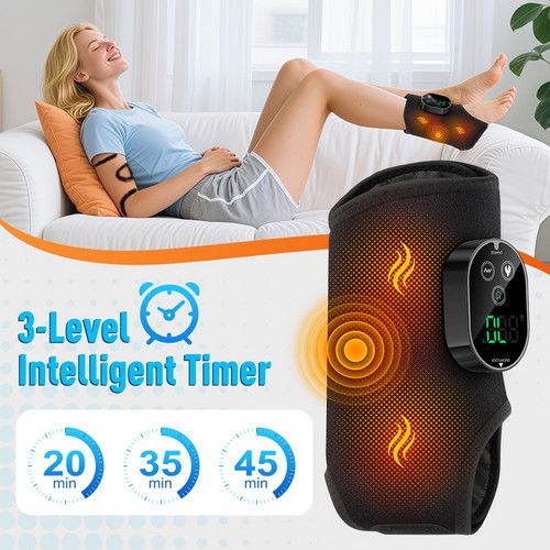Black heated calf massager wrap with 20, 35 and 45-minute timer options