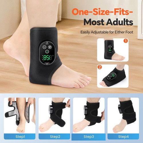 Black calf massager wrap showing adjustable fit and four application steps
