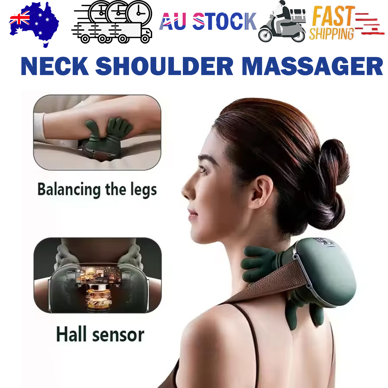 Moss-green neck massager with a brown shoulder strap and bionic massage nodes for neck and shoulder relaxation