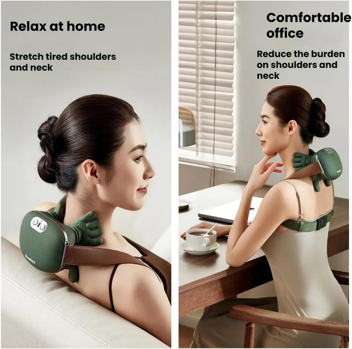 Woman wearing the moss-green neck massager across her shoulders at home and at work