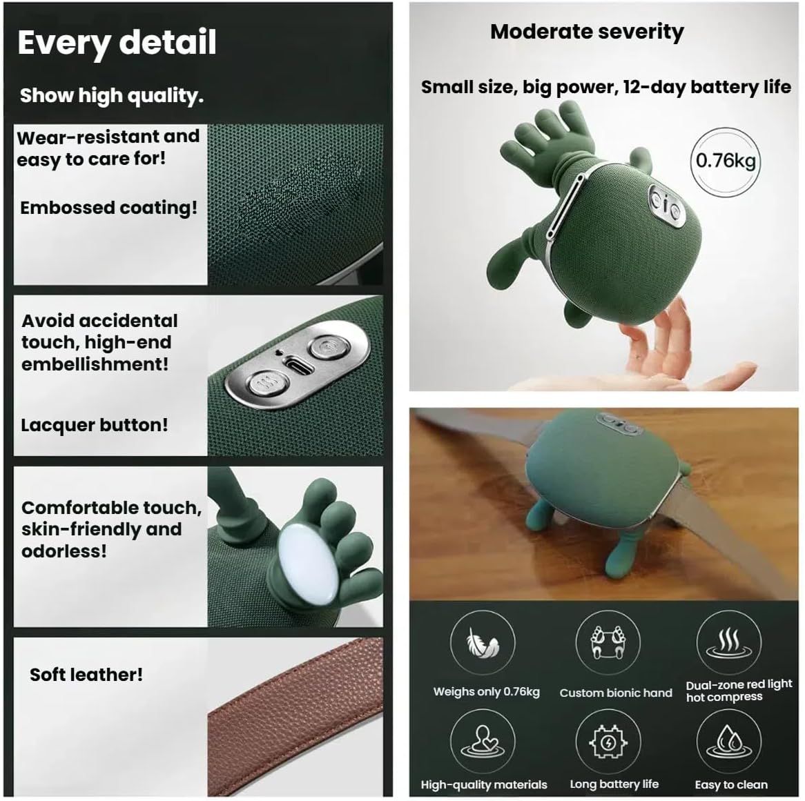 Close-up of the moss-green neck massager showing textured outer material, controls and adjustable strap