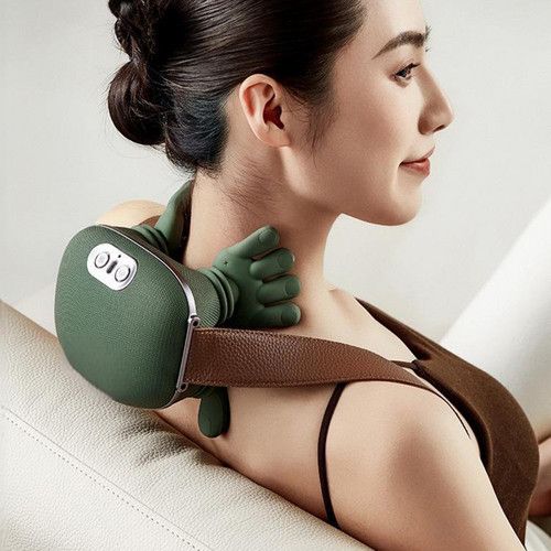 Moss-green neck massager shown with 20cm width and 17cm height dimensions