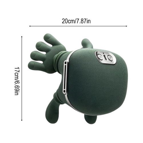Side view of the moss-green neck massager with massage nodes, shoulder strap and control panel