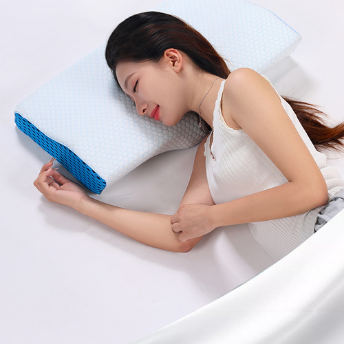 White and blue compact memory foam pillow supporting a side-sleeping position