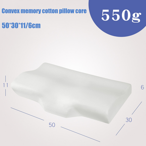 50cm contoured memory foam pillow showing 50 × 30cm size with 11cm and 6cm height profiles