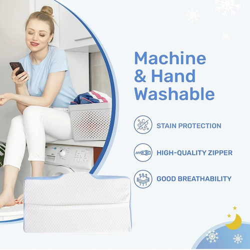 White and blue memory foam pillow with zippered cover designed for machine or hand washing