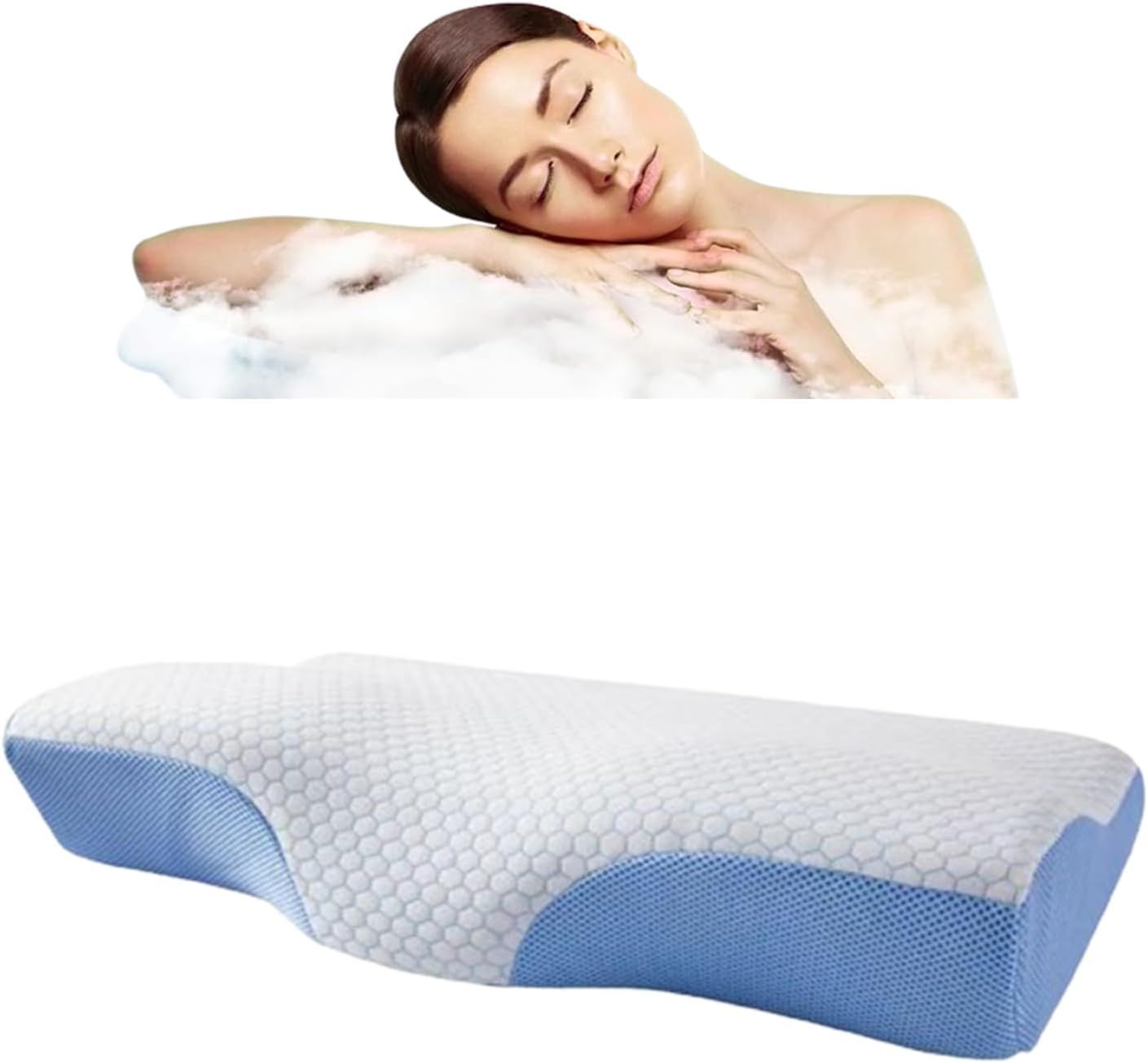 White and blue compact contoured memory foam pillow with breathable blue side panels