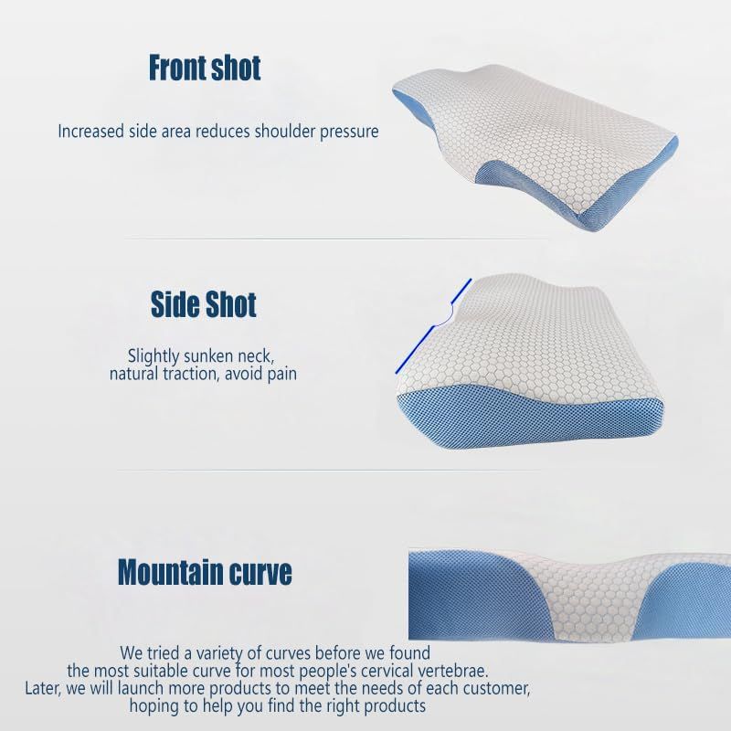 Multiple views of the compact contoured memory foam pillow showing raised and lower profile areas