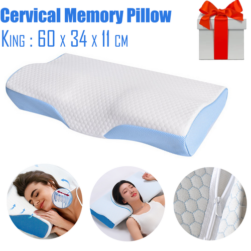 White and light-blue contoured memory foam pillow with raised sides and central cradle