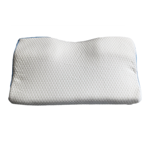 White quilted memory foam pillow with blue mesh-style side panels