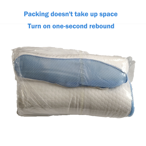Contoured memory foam pillow shown compressed in clear space-saving packaging