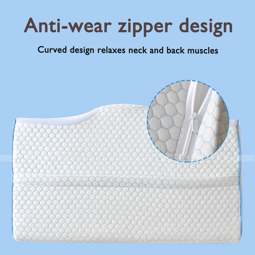 Close-up of the contoured pillow’s removable zippered cover and quilted fabric