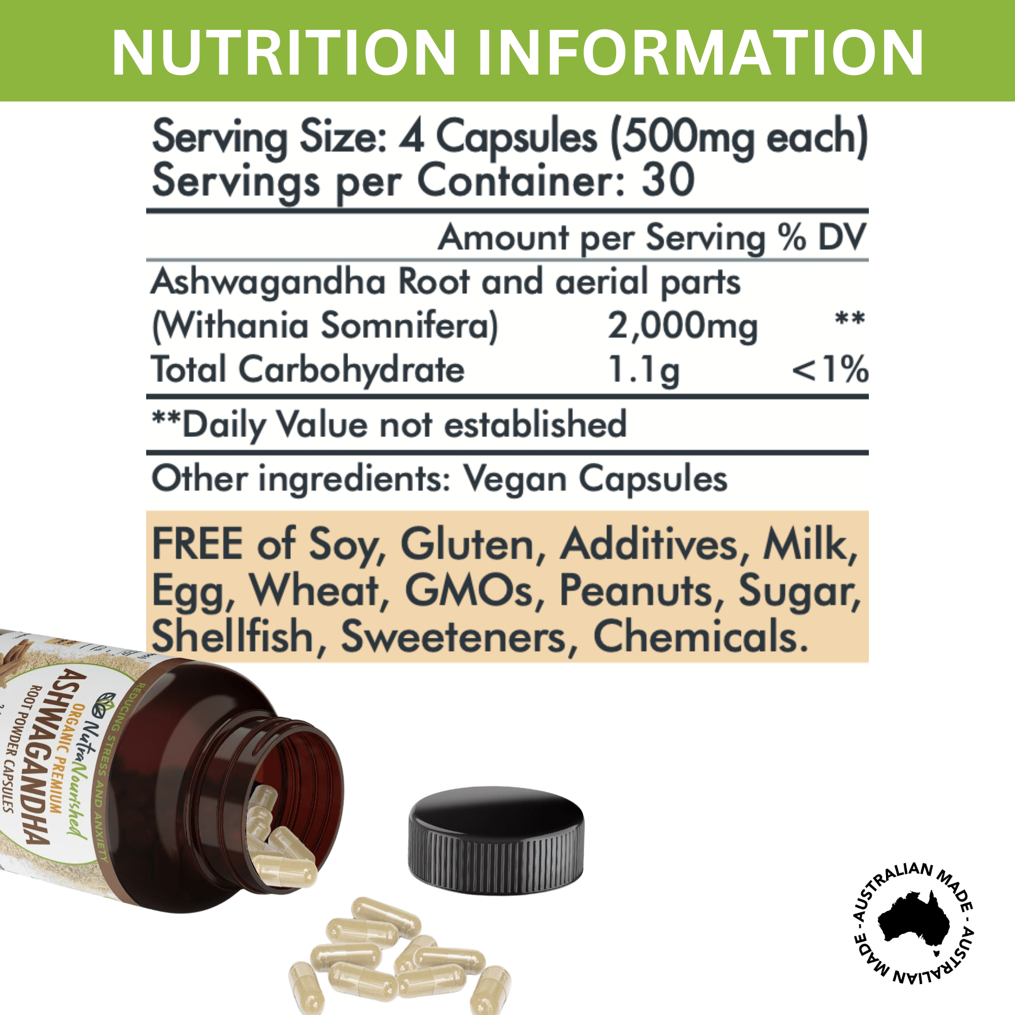 Nutrition information for Nutra Nourished organic ashwagandha capsules, 120 vegan capsules
