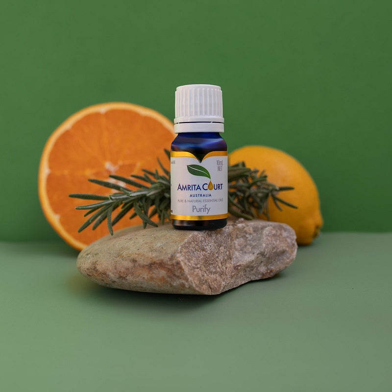 Amrita Court Purify 10mL essential oils blend displayed with citrus and botanicals
