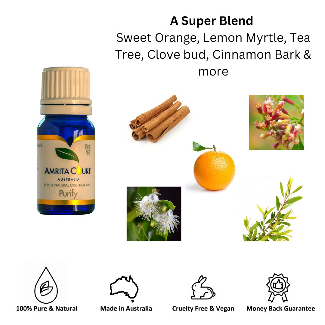 Amrita Court Purify essential oils blend with sweet orange, lemon myrtle, tea tree, clove bud and cinnamon bark