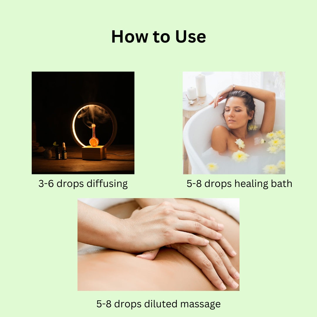 Directions for using Amrita Court Purify essential oils in a diffuser, bath or diluted massage