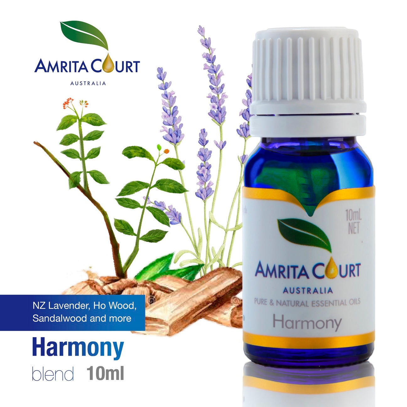 Amrita Court Harmony essential oils blend in a 10mL blue glass bottle