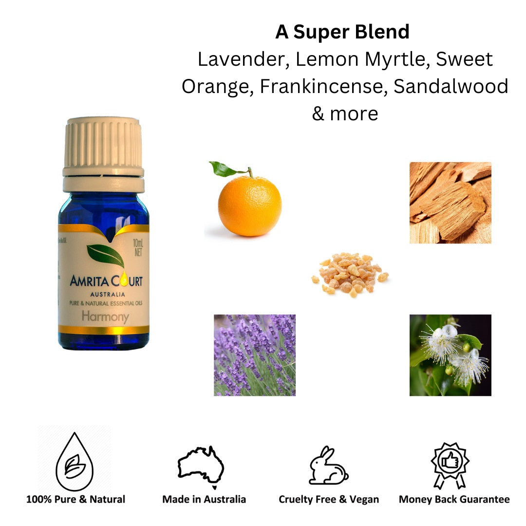 Amrita Court Harmony essential oils blend with lavender, lemon myrtle, sweet orange, frankincense and sandalwood