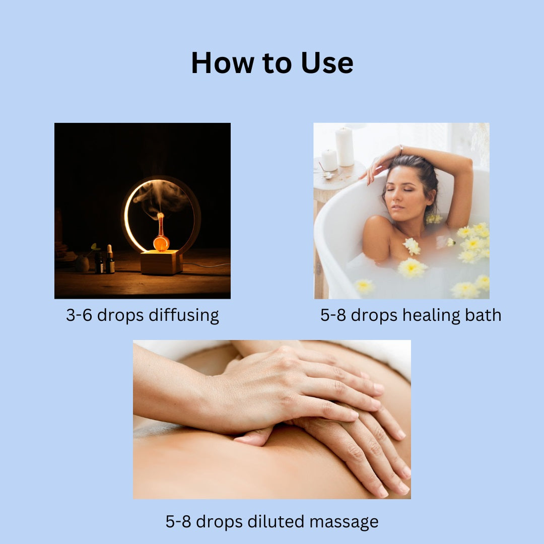 Directions for using Amrita Court Harmony essential oils in a diffuser, on a handkerchief or in the palm