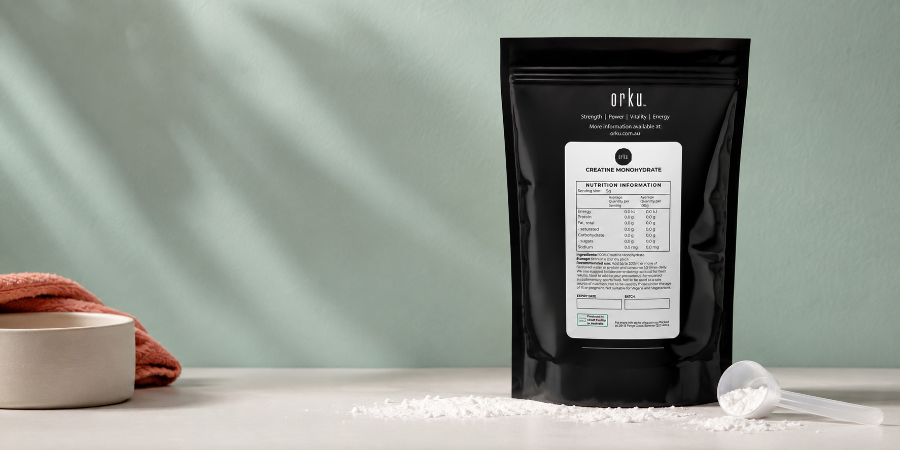 Orku creatine monohydrate pouch with creatine powder and scoop