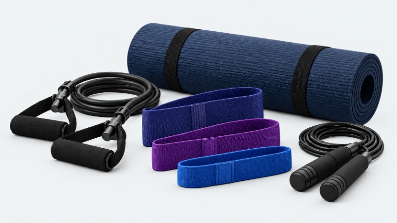 Yoga mat, resistance bands and speed rope for functional training