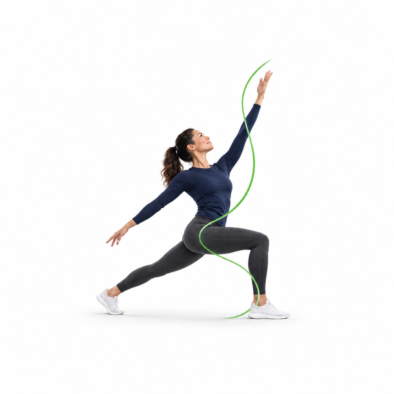 Woman stretching in a deep lunge with a green movement line