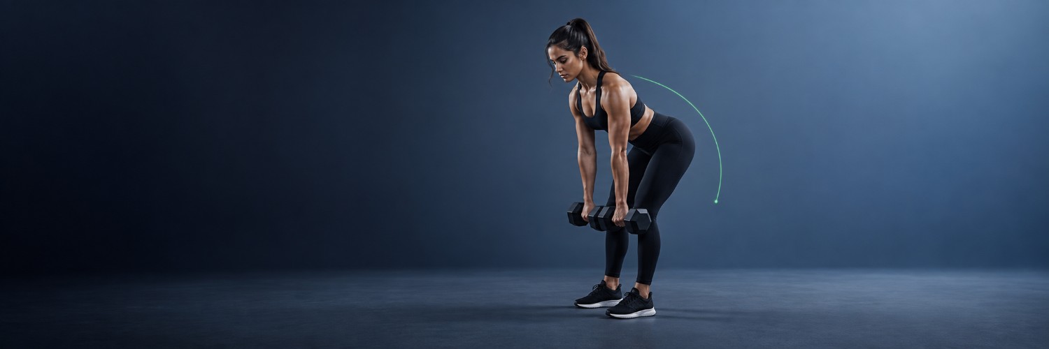 Woman performing a dumbbell deadlift against a blue studio background