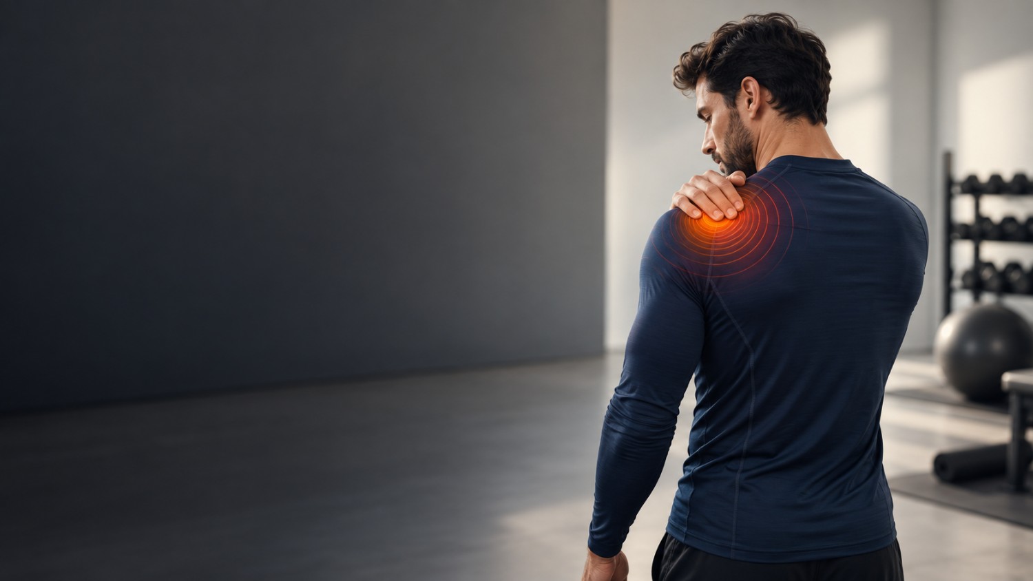 Man holding his shoulder with an orange relief graphic in a home gym