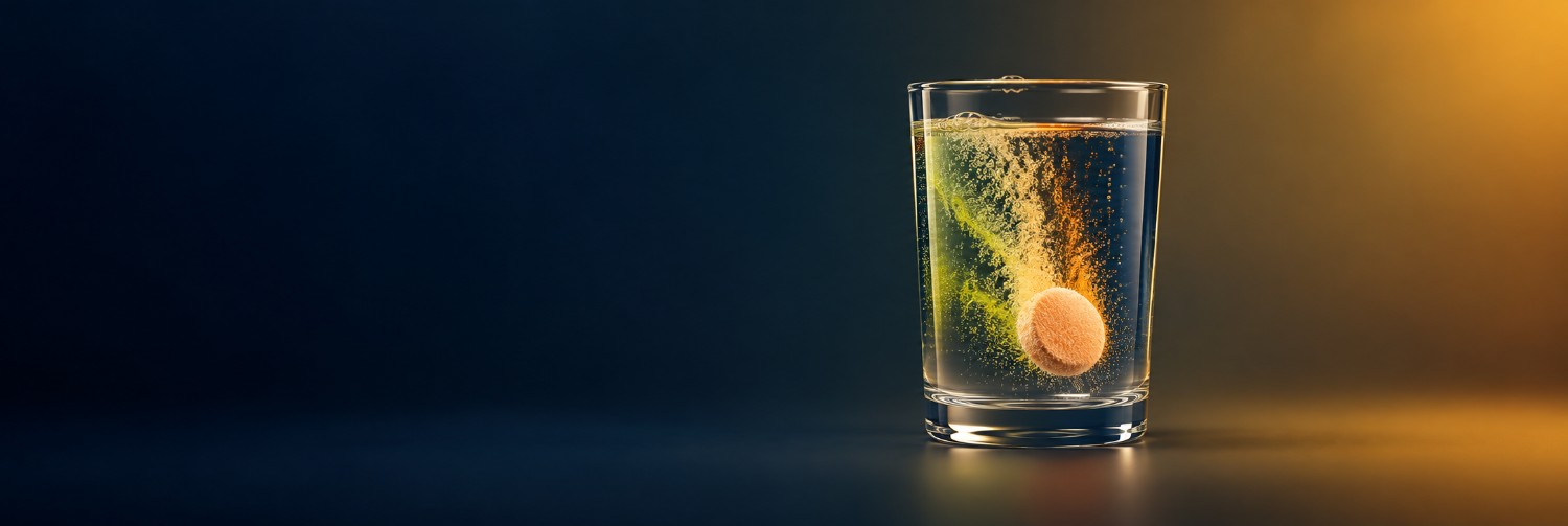 Effervescent tablet dissolving in a glass of water against a dark studio background