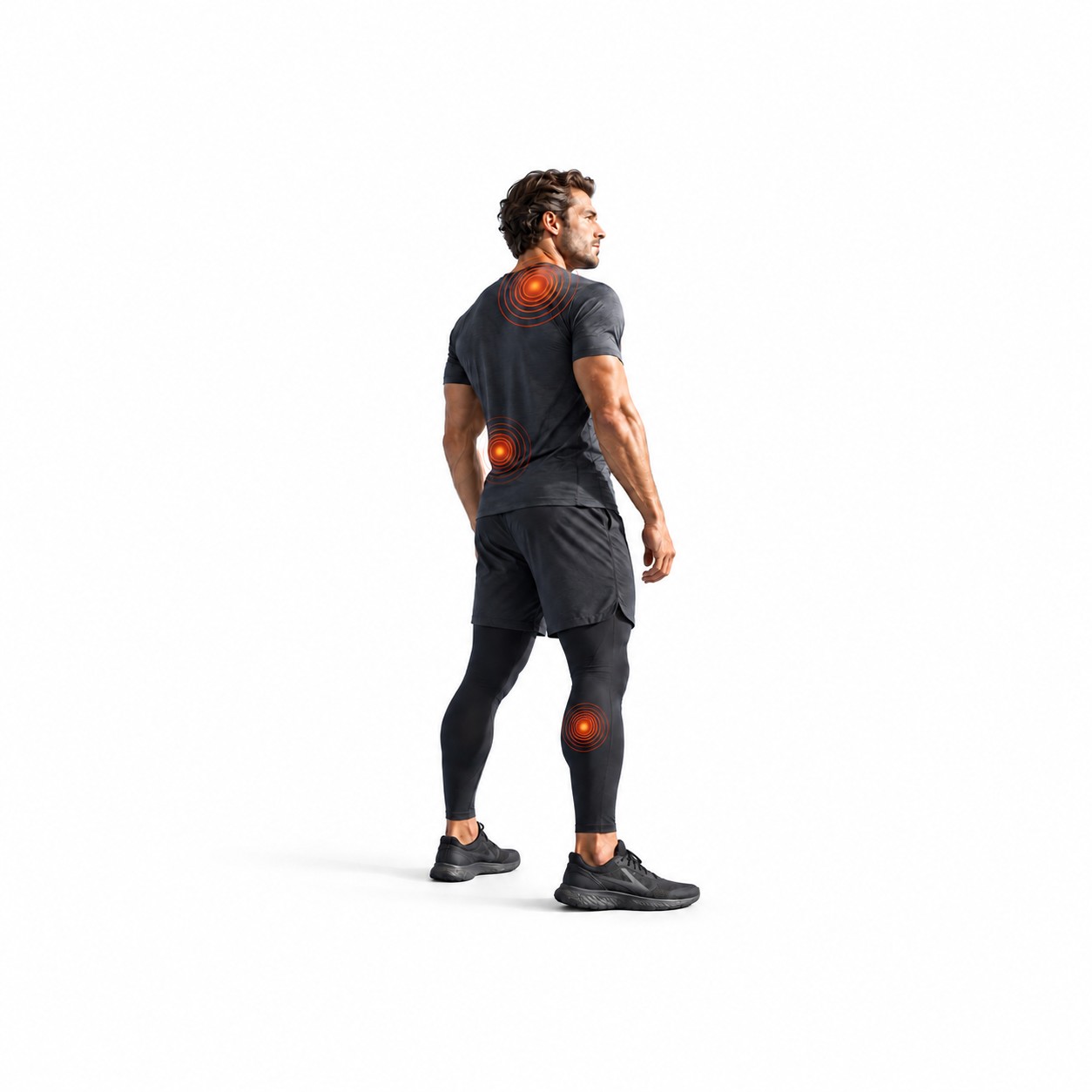Man in activewear with highlighted shoulder, lower back and knee areas