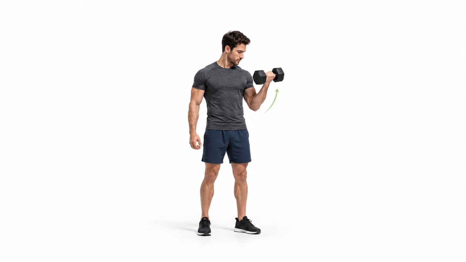 Man lifting a dumbbell against a white studio background