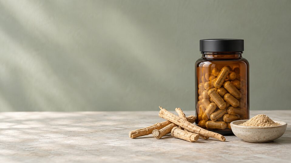 Ashwagandha capsules with organic root and powder on a sage background